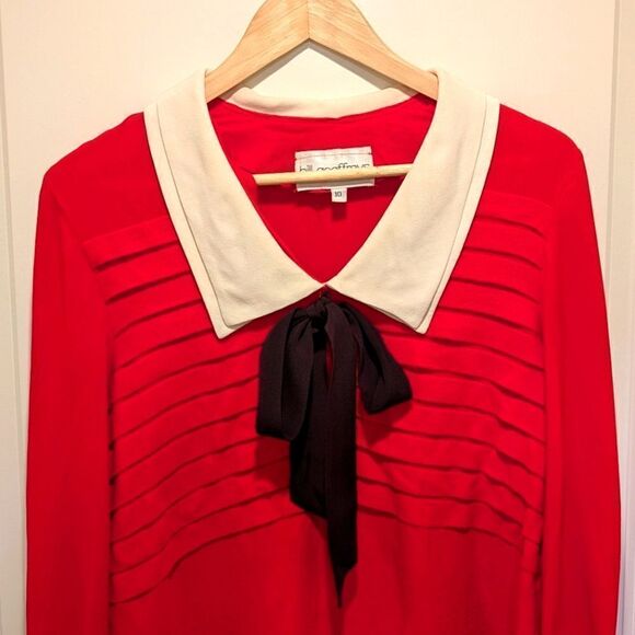 Gorgeous 80s Bill Geoffreys Double Pan Collar Pleated Blouse with Black Bow - Picture 3 of 6